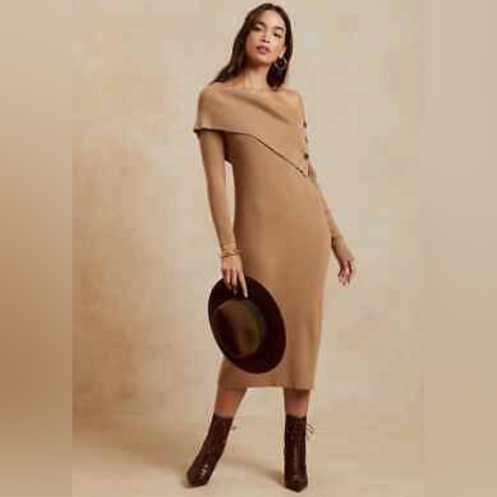 NEW BANANA REPUBLIC OFF THE SHOULDER BUTTON CAMEL SWEATER DRESS SIZE MP NWT